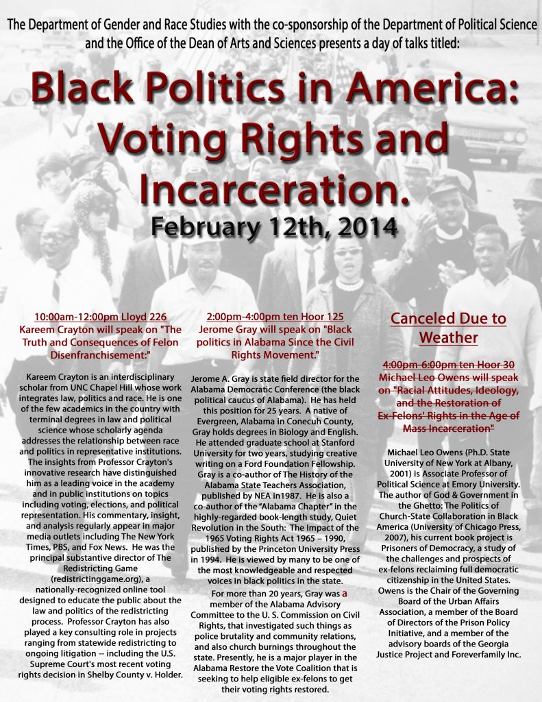 "Black Politics in America: Voting Rights and Incarceration" poster