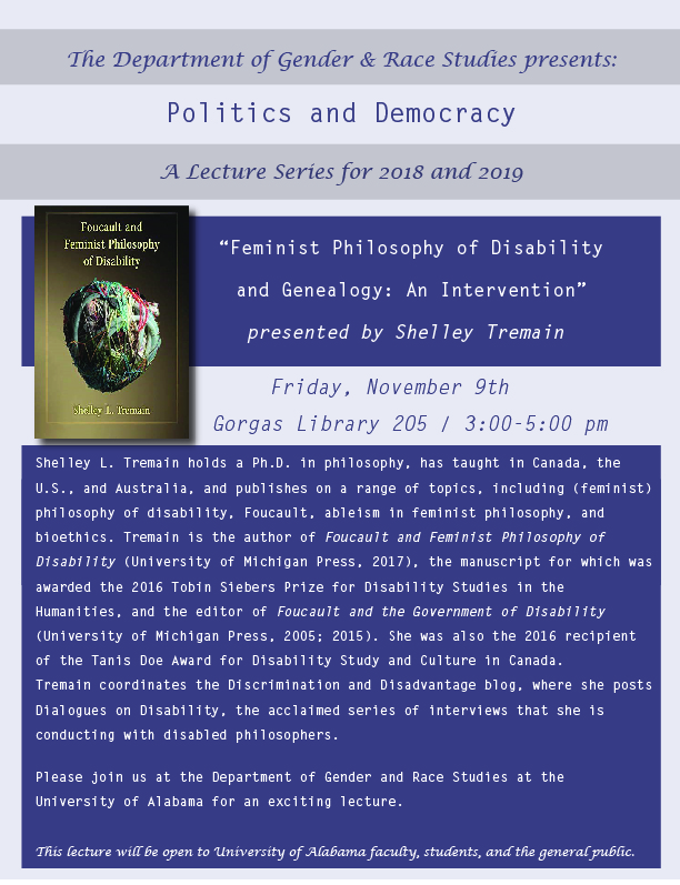 "Feminist Philosophy of Disability and Genealogy: An Intervention" flyer
